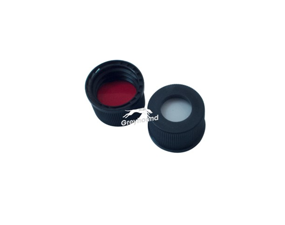 Picture of 13-425 Open Top Screw Cap, Black Polypropylene with Red PTFE/Cream Silicone Septa, 1.5mm, (Shore A 55)